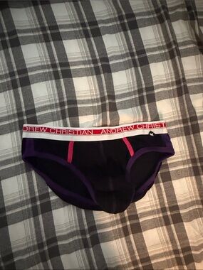 Retro Andrew Christian Black Briefs with Purple Trim and Pink Accents